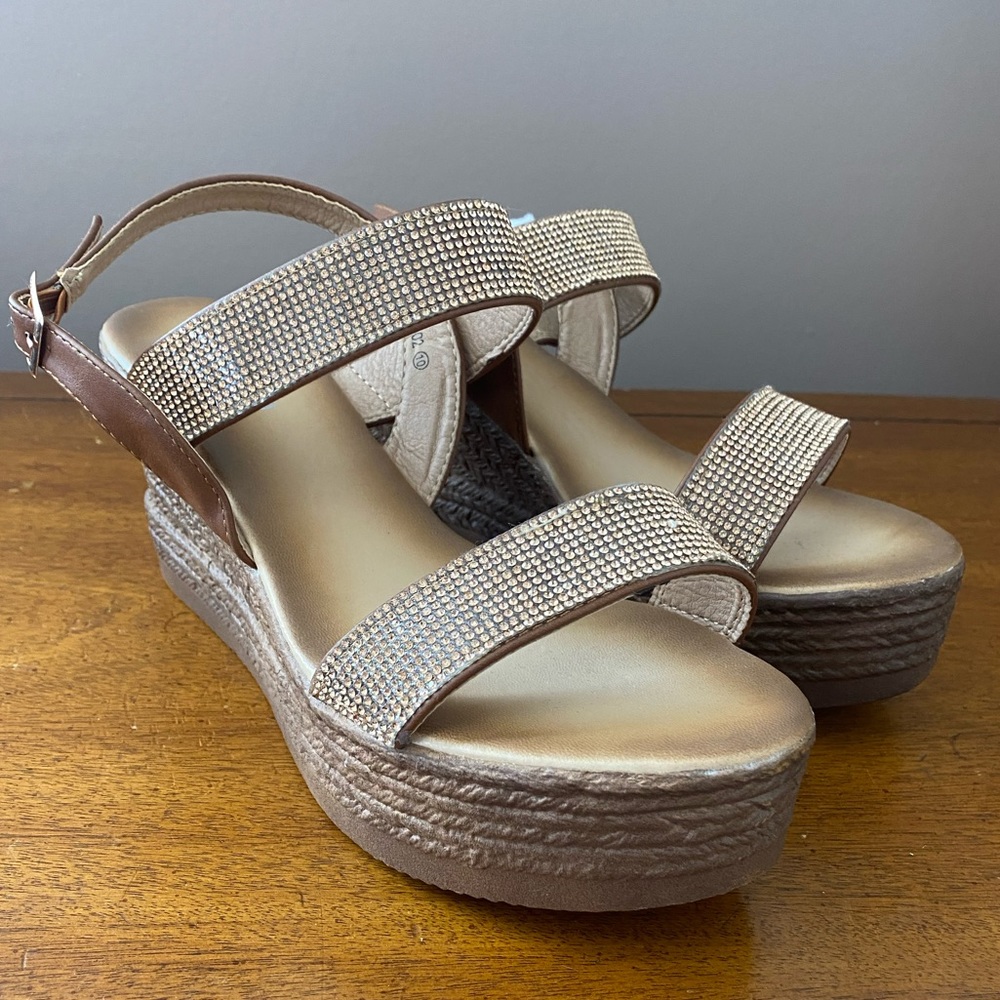Gold and brown platform espadrilles